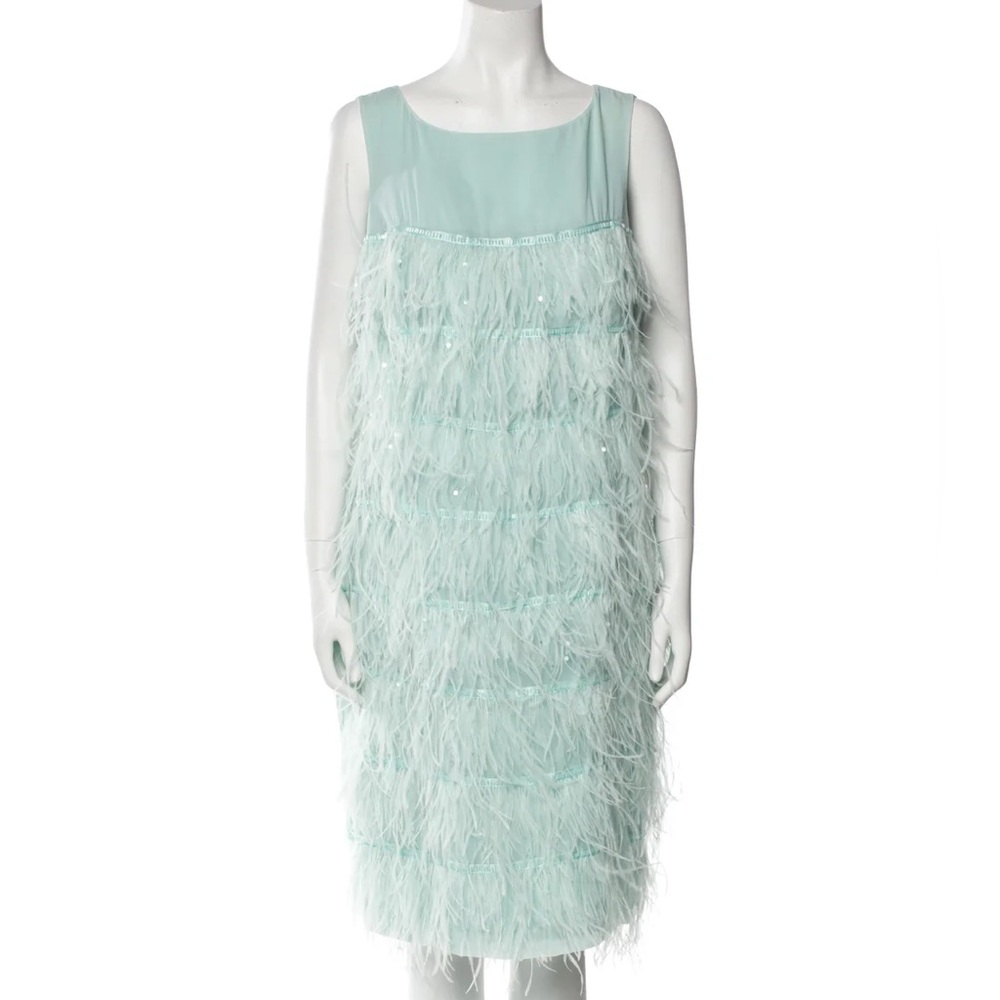 St. John Blue Silk Feather Beaded Shift Dress size 12